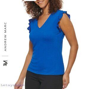 NWT Andrew Marc V-Neck Ruffle Sleeve Blouse Top